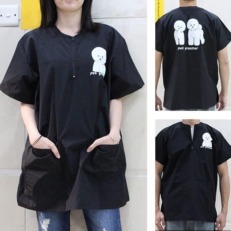 

WAYUTO Short Sleeves Pet Grooming Smock with Zipper Dog Grooming Work Clothes with 2 Pockets Pet Grooming Shirt Dog Grooming Workwear for Pet Shop XXX-Large