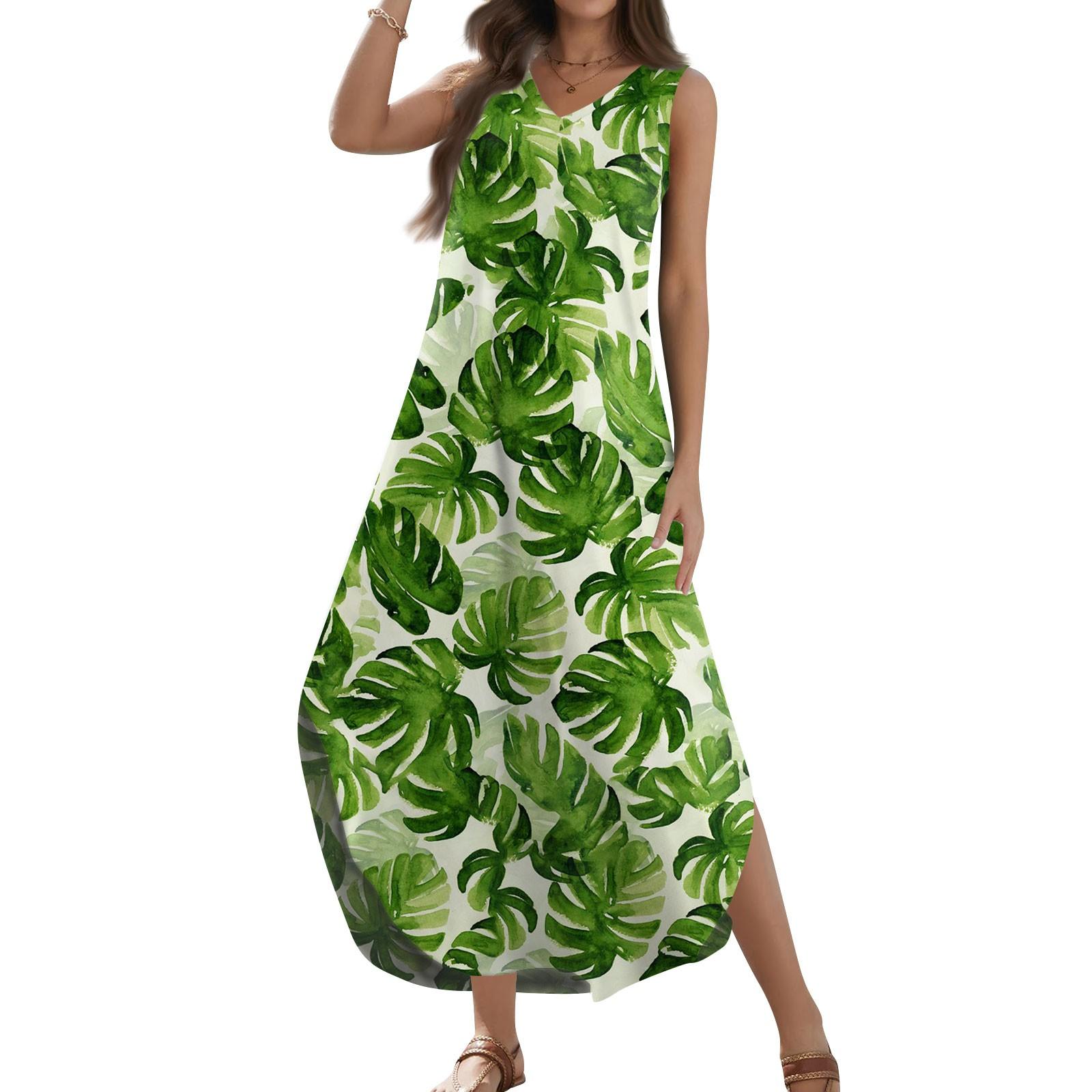 

Женский 2024 летний повседневный свободный сарафан длинное платье с цветочным принтом без рукавов с v-образным вырезом и разрезом футболка платья макси M зелёный