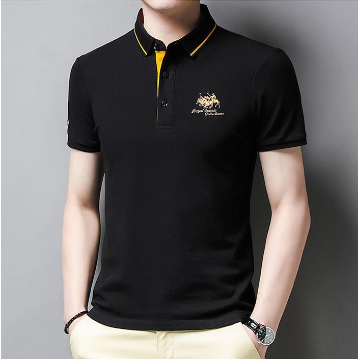 

Летняя корейская рубашка-поло с вышивкой, мужская роскошная верхняя одежда, повседневная футболка с короткими рукавами и лацканами, модная мужская футболка против морщин XL чёрный