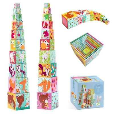 DJECO 10 Blocos da Floresta Cubos de Empilhar, Brinquedo Educativo para Bebés, Blocos Grandes de Empilhar, Blocos de Papel Duráveis para Encaixar, Estilo Montessori, Idades 0, 1, 1