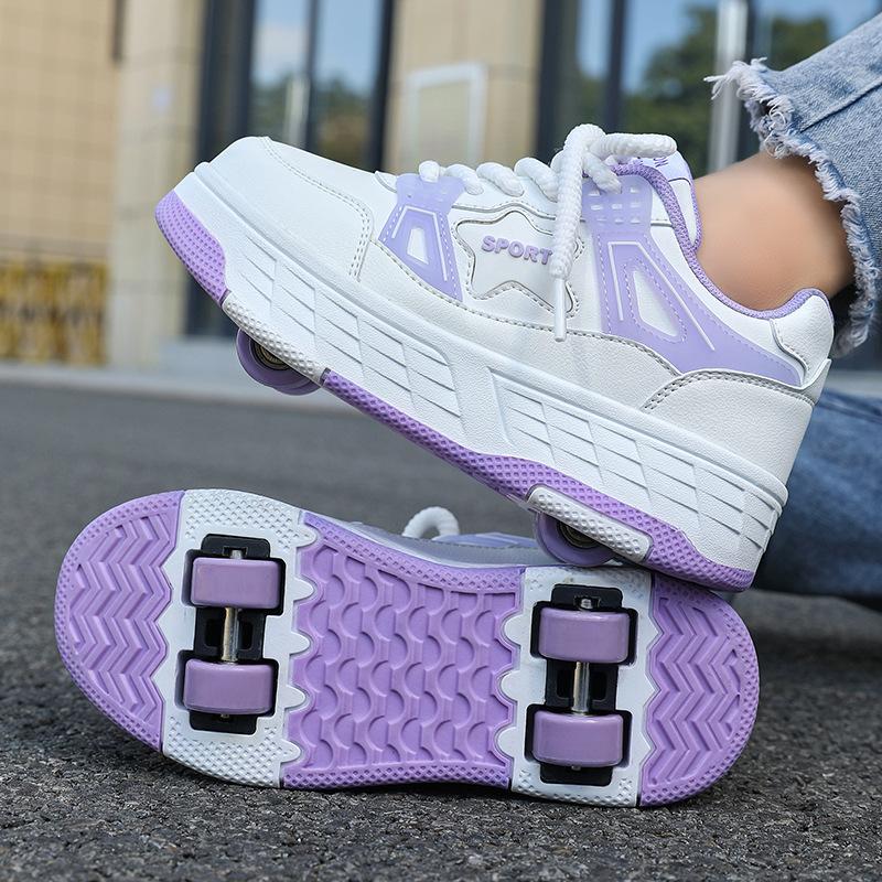 Chaussures Vélo Garçons Filles Adolescents Baskets à Roulettes Chaussures à Poulie Invisible Quatre Roues Amovibles Chaussures Vélo