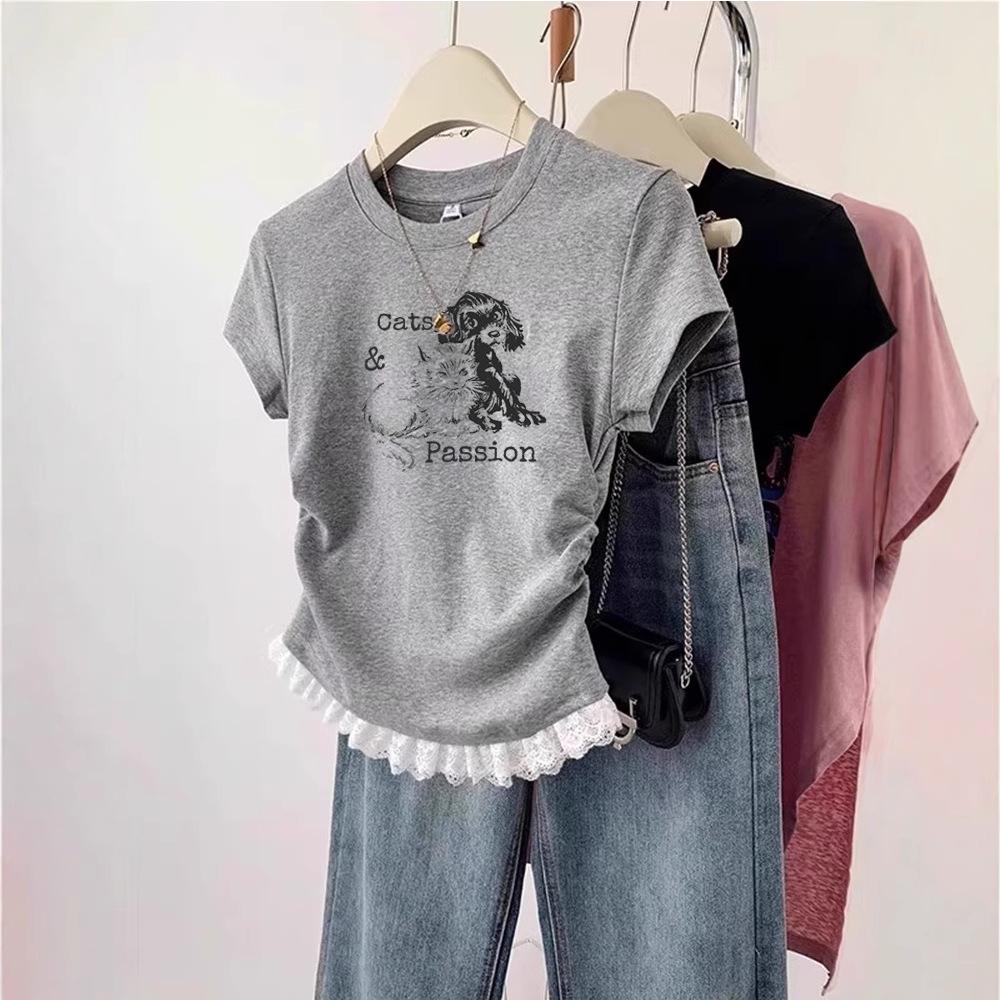 Gray cotton short-sleeved T-shirt women s summer new design waist pinch pleated lace lace women s top S