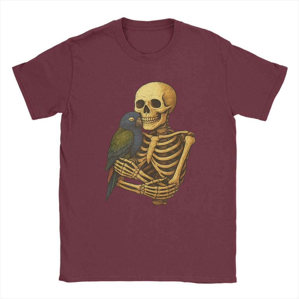 Skeleton Hugging Pionus Parrot Funny Halloween T-Shirt Men Vintage Cotton Tees O Neck Short Sleeve T Shirts Plus Size Clothes