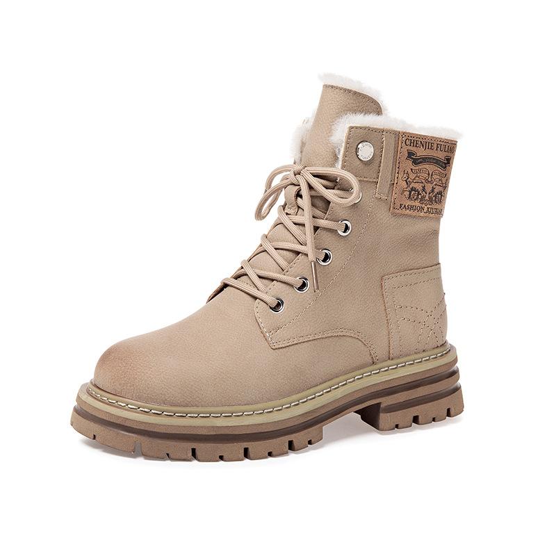 Fleece Martin boots women's autumn and winter new leather thick heel short boots small inner heightening locomotive boots cotton boots