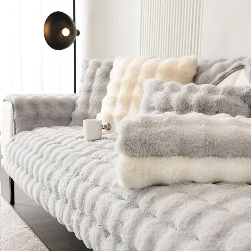 Soft Warm Faux Fur Couch Sofa Cover Thick Shaggy Fuzzy Sectional Couch Cover Non-Slip Solid Color Plush Sofa Slipcover Furniture