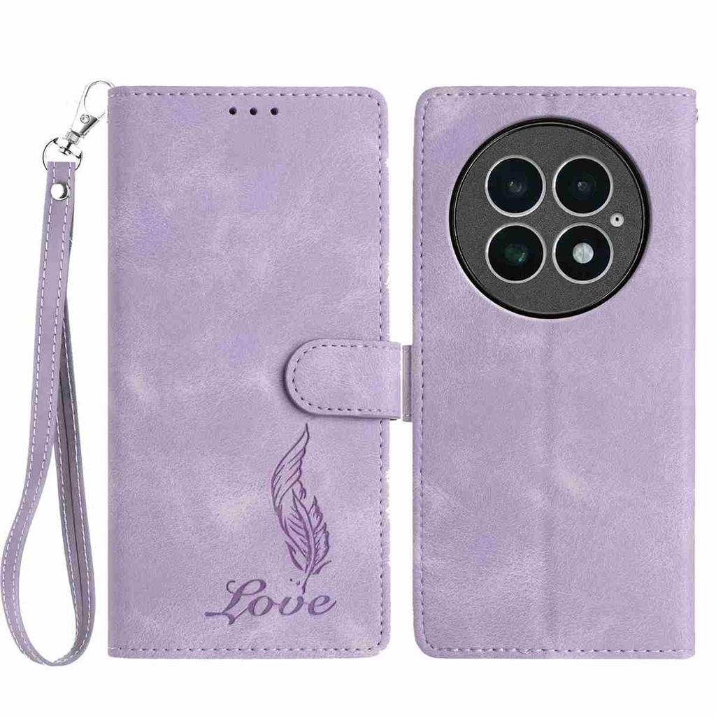 For OnePlus 13 Case Imprinted Feather PU Leather Wallet Phone Cover with Wrist Strap