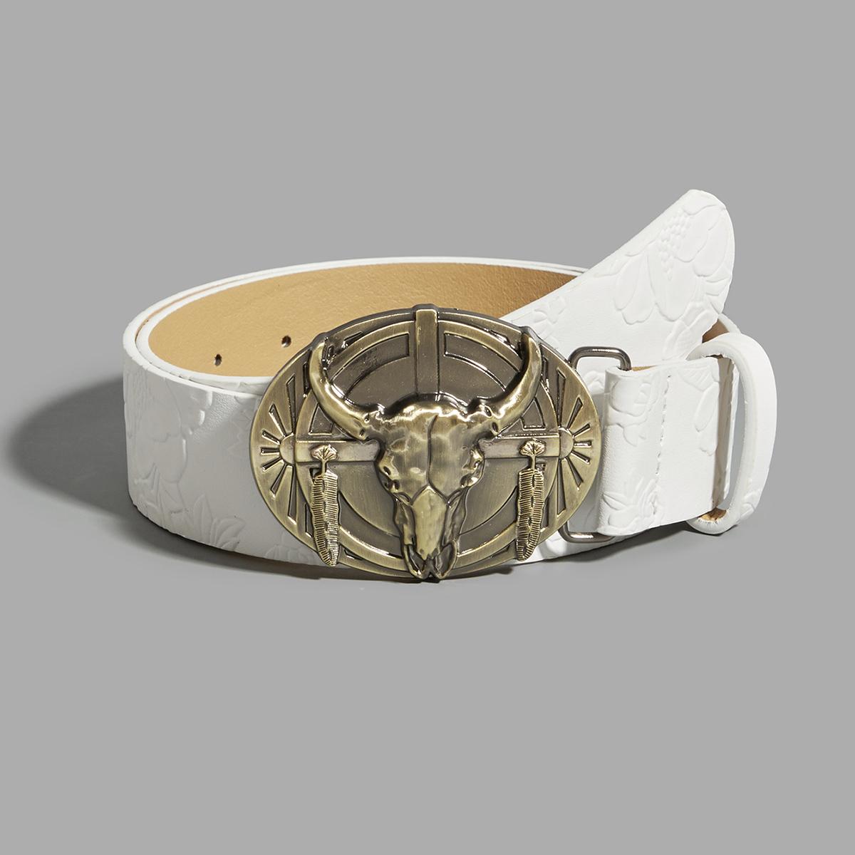 

A western style cow head buckle peony pattern PU leather belt fashionable and casual 102cm белый