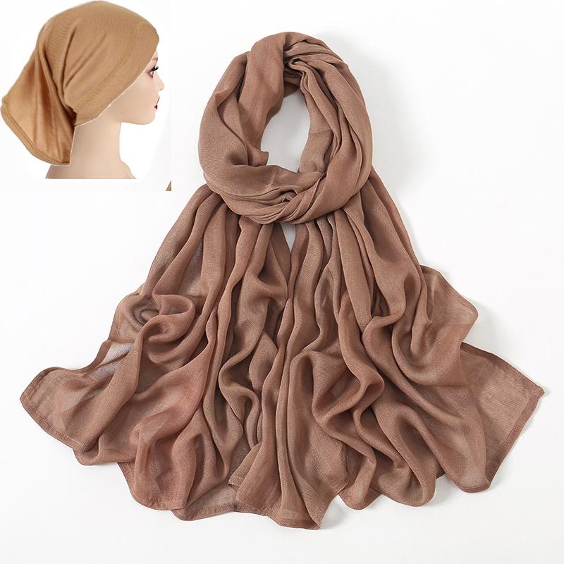 2 Pcs Set Viscose Hijab Matching Color Jersey Cap Plain Cotton Modal Muslim Women Head Scarf Soft Shawl Turbante Head Wrap