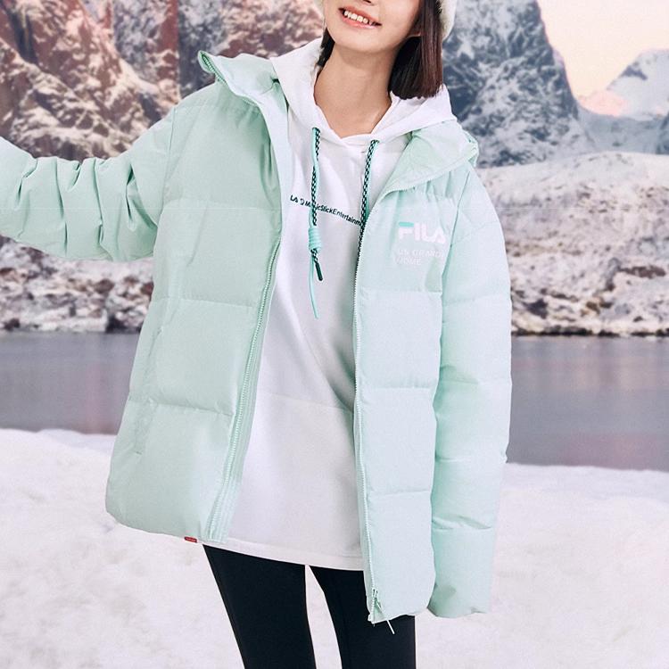 FILA Letter Logo Zip-Up Hooded Down Jacket Unisex Outerwear Nile-Green F51U349902A-LG