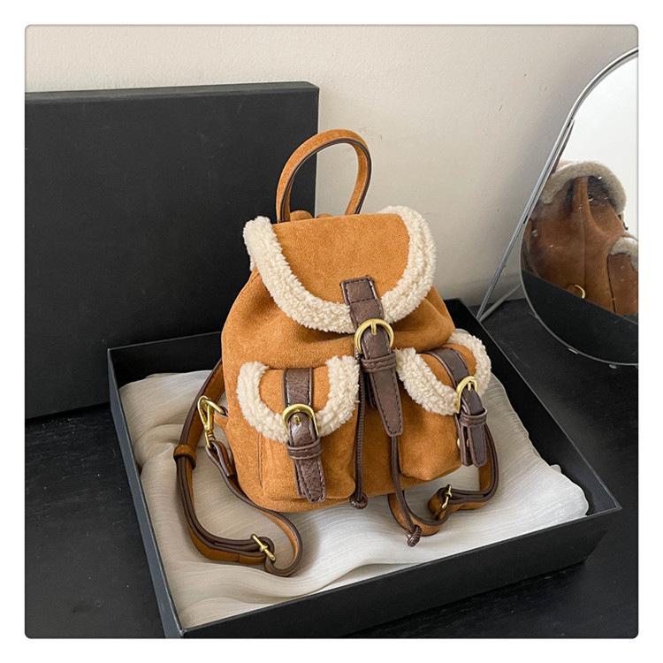 2025 Autumn/Winter Women's Retro Lambswool Color Block Handbag Backpack