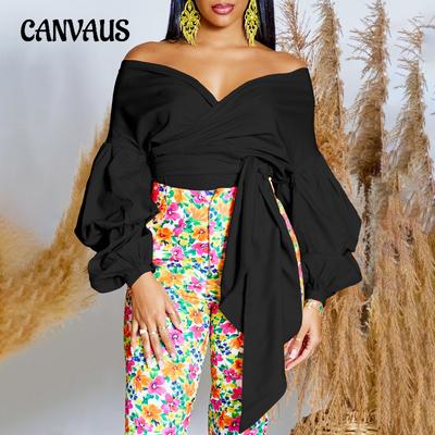 Summer Fashion Plus Size Solid Colour Strapless Cross Tie Bubble Sleeve Sexy V Neck Women's Shirt