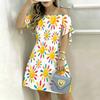 Women Plus Size White Off Shoulder Short Sleeve Floral Printed A Line Dress With Tie Cuff