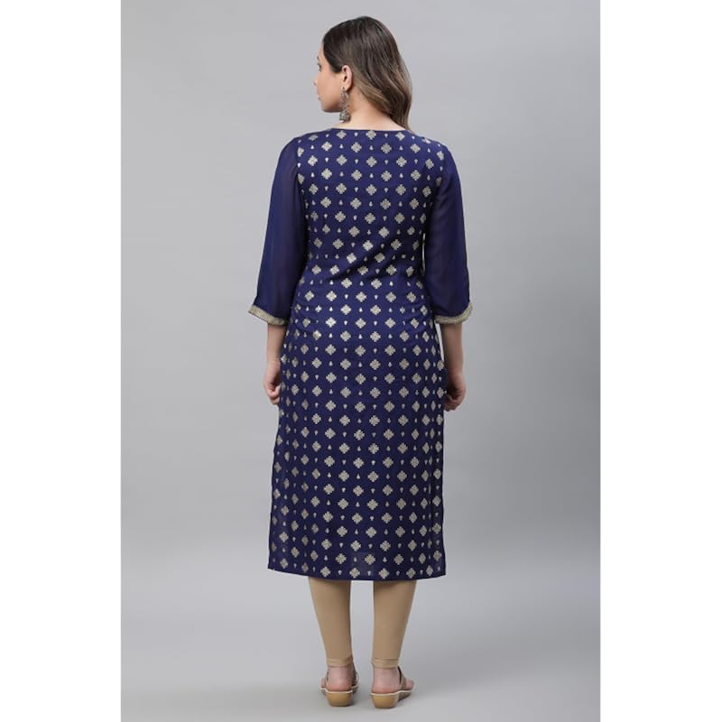 Aurelia Women's Blue Foil Lace Straight Long Kurta