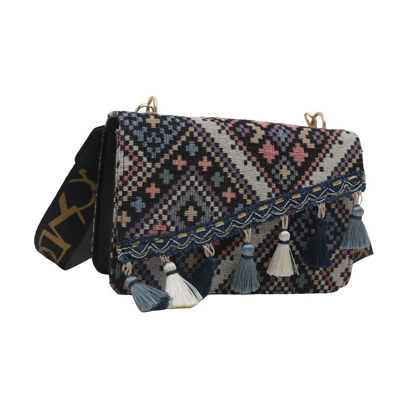 Autumn and Winter New Retro Knitted Fringed Wide Shoulder Strap Messenger Bag Bag Foreign Style Chinese Style Rhombus Ethnic Style Envelope Bag