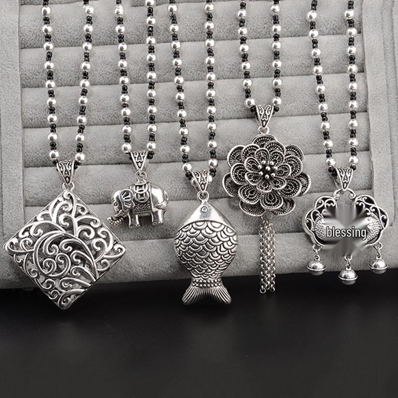 Tibetan Silver Four Directions Wealth Tassel Pendant Necklace Long Necklace Pendant Vintage Versatile