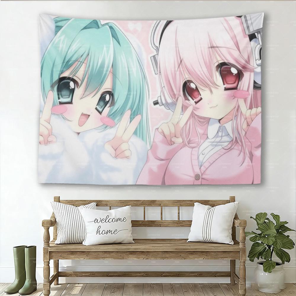 1pc Super Sonico Green Hair Anime Girl Tapestry Kawaii Chibi Wall Hanging for Bedroom Otaku Pastel Room Decor