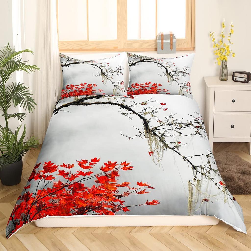 Cherry Blossoms Duvet Cover King for Women Ink Painting Black White Comforter Cover Romantic Theme Bedding Set with 2 Pillowcase