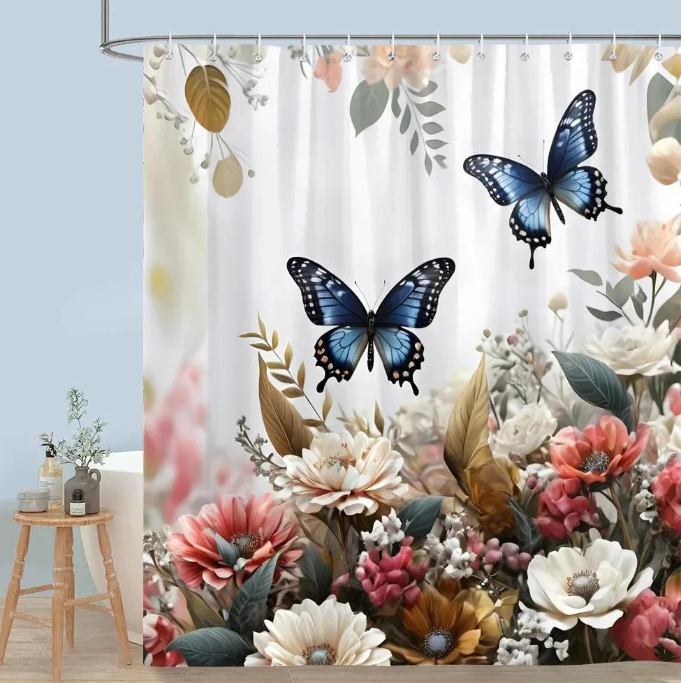 ~O~Pretty Floral Shower Curtain Blooming Flower Butterfly Lotus Polyester Fabric Home Shower Curtains Bathroom Decor With Hooks
