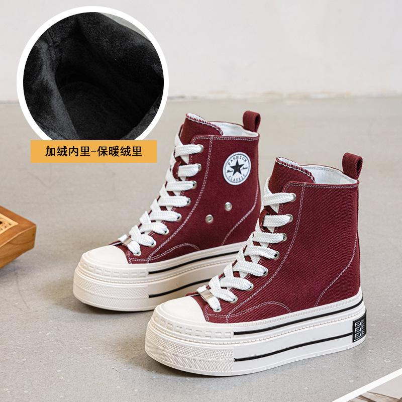 

2025 весна и осень новая женская модная платформа резиновые парусиновые туфли средняя голень универсальные внутренняя высота увеличена на 12 см тренд 40