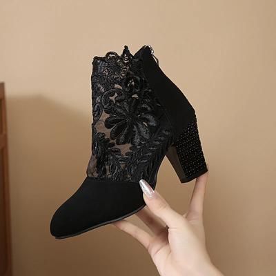 Stivaletti alla caviglia dolci nuovi per donne inverno tinta unita flock cerniera scarpe per donne fiore tacco alto quadrato cavo stivali moderni