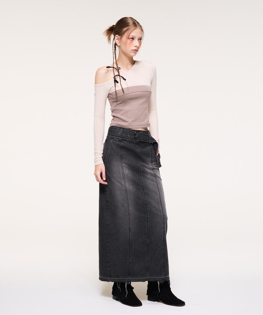 Etmont Wide Belt Long Denim Skirt, Black