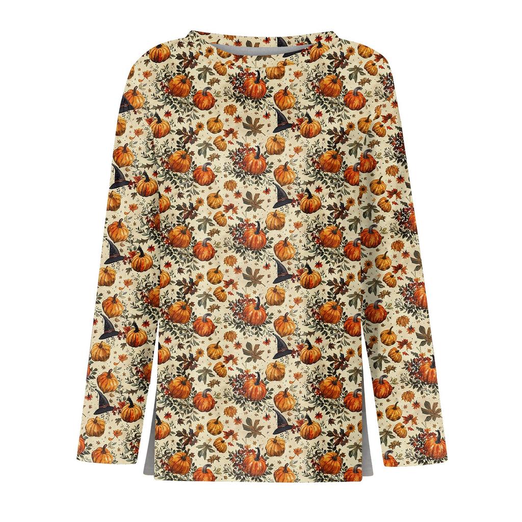 Women's Fashion Hem Slit Casual Halloween Printed Round Neck Long Sleeve Top