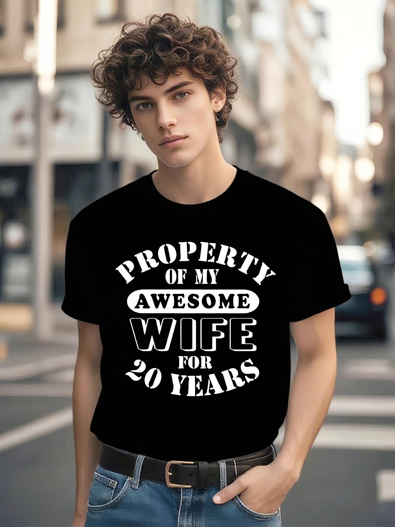Funny 20th Wedding Anniversary Gift for Men - Property of My Awesome Wife 20 Years Husband T-shirt - Black with White Print XL