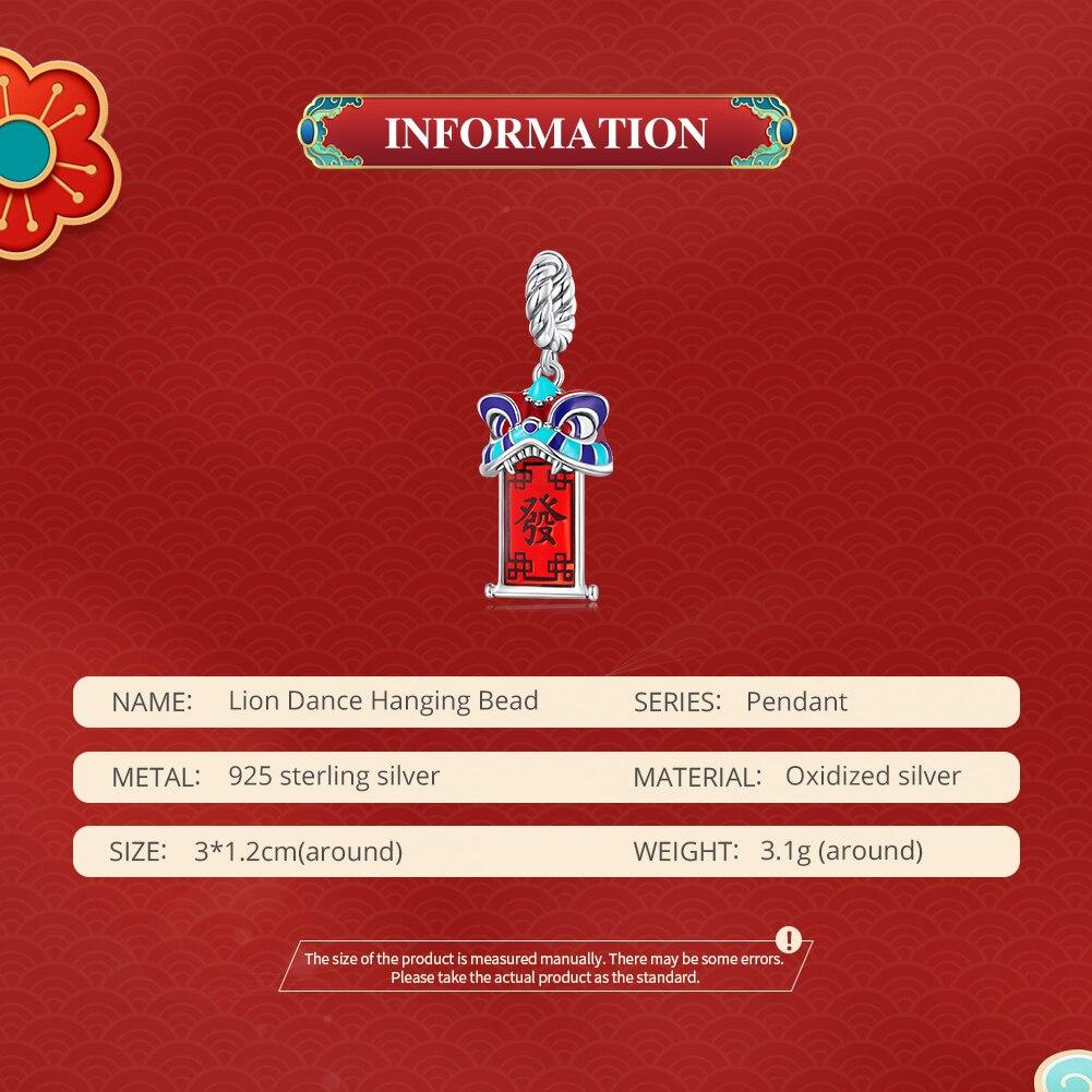 BAMOER 925 Sterling Silver Chinese New Year Series Red Enamel Lion Dancing Hanging Bead for Women Bracelet and Necklace