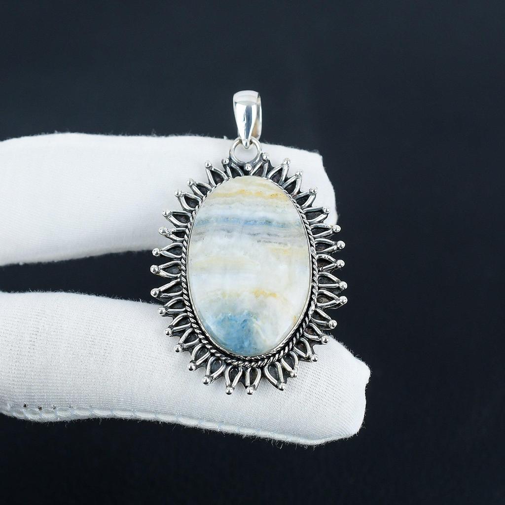 Dainty Blue Scheelite Gemstone Silver Pendant in 925 Sterling Silver - Handmade Oval Design, Everyday Wear Jewelry Mother's Day Gift