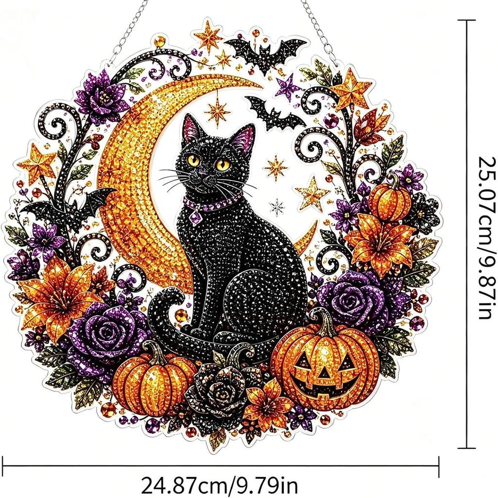 Halloween Black Cat Moon 5D Diamond Art Hanging Ornament Kit Double Sided
