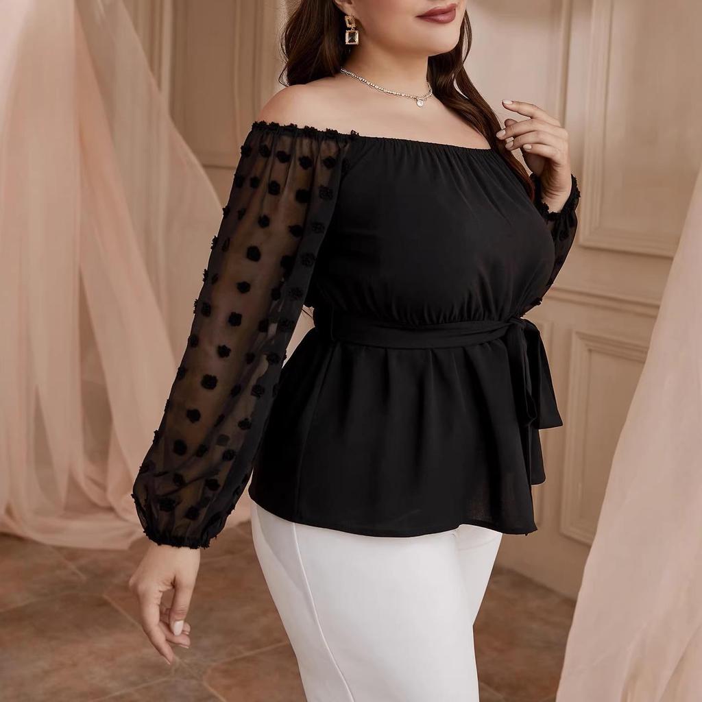 Plus Size Women's Elastic Waist One-Shoulder Long-Sleeve Shirt - Spring/Autumn Age-Reducing Style
