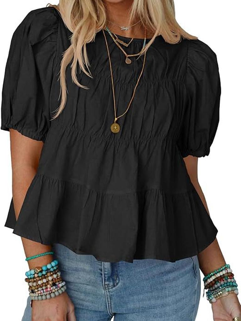 New Summer Bubble Sleeve Raglan T-Shirt Loose Casual A-Line Ruffled Trendy Top