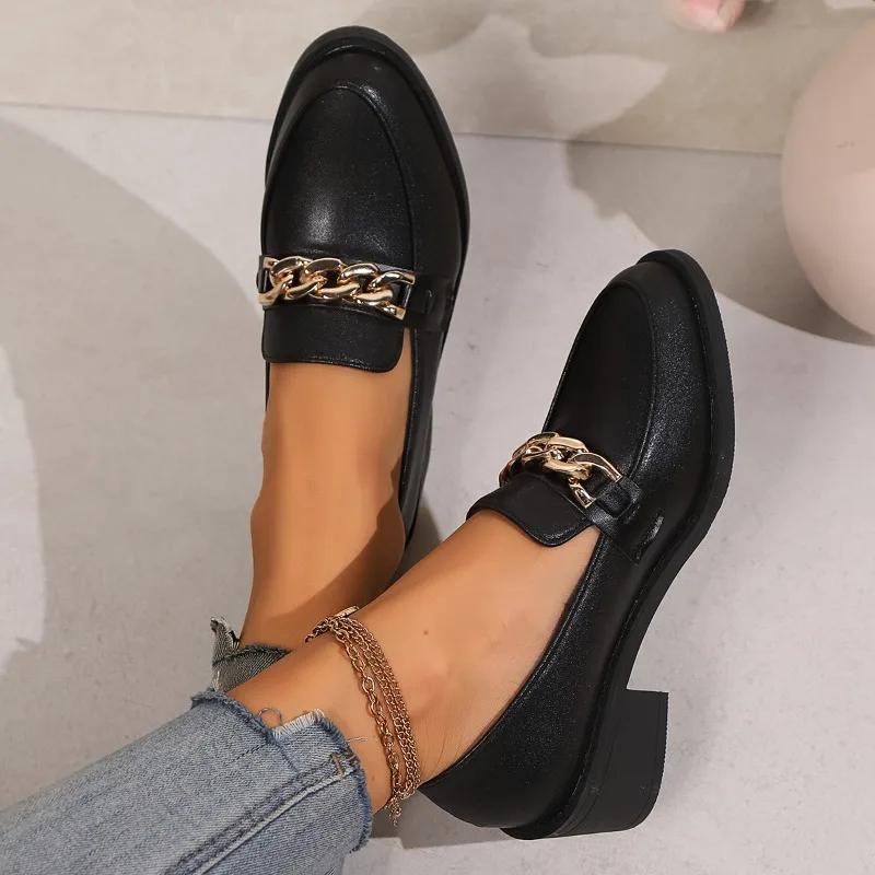 Fashion Female Shoes on Sale 2024 High Quality Slip on Women's Pumps Autumn Pointed Toe Chain Solid Dress Chunky Heels Plus Size Shoes