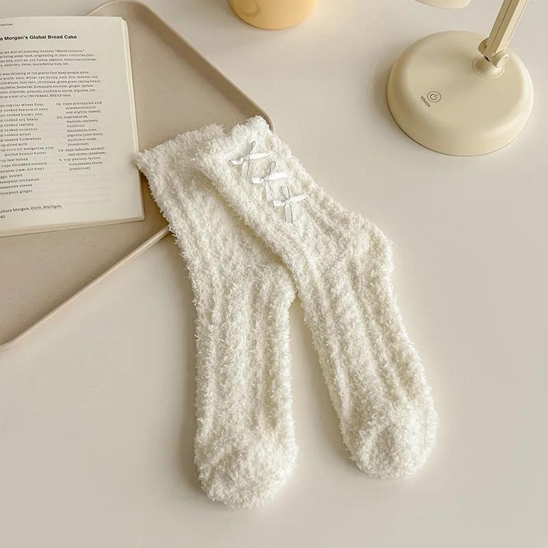 Hiver Automne Chaudes Pelucheuses Floues Chaussettes Nœud Épais Thermiques Douces Kawaii Mi-bas Corail Femme Polaire Sol Sommeil Chaussettes