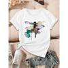 European Size Women's Casual Dragonfly Watercolor Print T-Shirt - Breathable Summer Short Sleeve Round Neck Top,