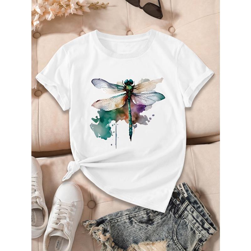 European Size Women's Casual Dragonfly Watercolor Print T-Shirt - Breathable Summer Short Sleeve Round Neck Top,