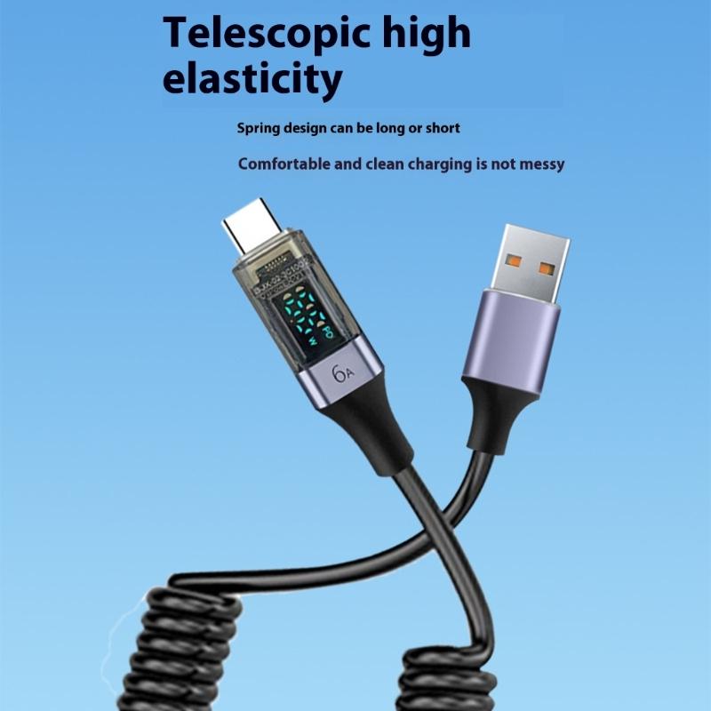 USB auf USB C Schnellladekabel mit Spiralfeder 6A 66W Schnellladung LED-Bildschirmüberwachung Universell für Tablet-PC