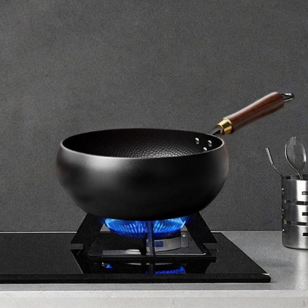 24cm Iron Wok Chinese Cooking Boiling Cookware No Coating Gas Stir Fry Pan Flat Bottom