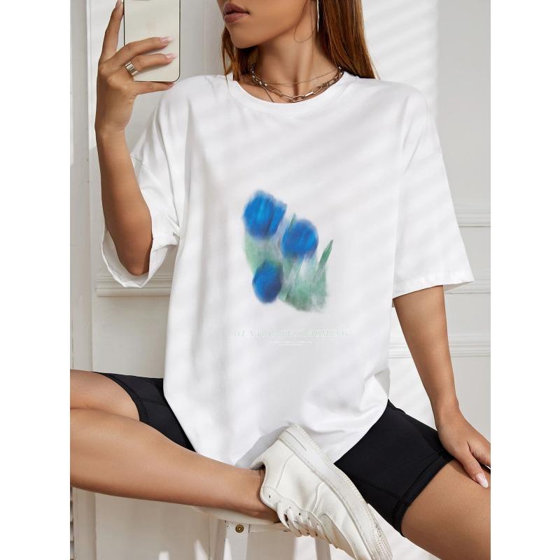 White Oversized T Shirt With Blue Floral Print For Casual Wear