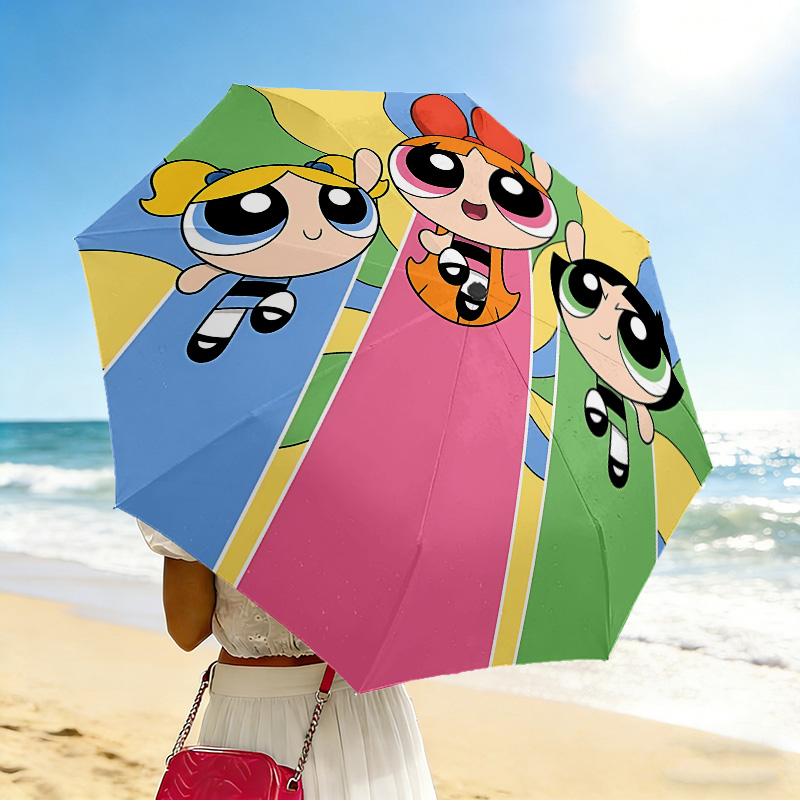 Powerpuff Girls 8 Ribs 3Fold Black Glue Uv Protection Umbrella Sun Protection Rainproof Compact Folding Umbrella For Travel Daily Use C92440