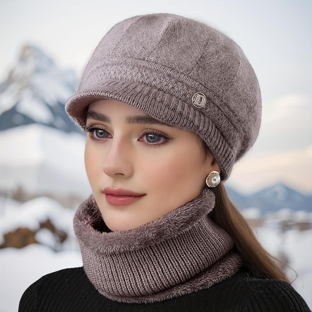 Women's Warm Knitted Winter Hat Warm Hat with Padded Fleece Lining and Ear Protection with Sun Visor Brim