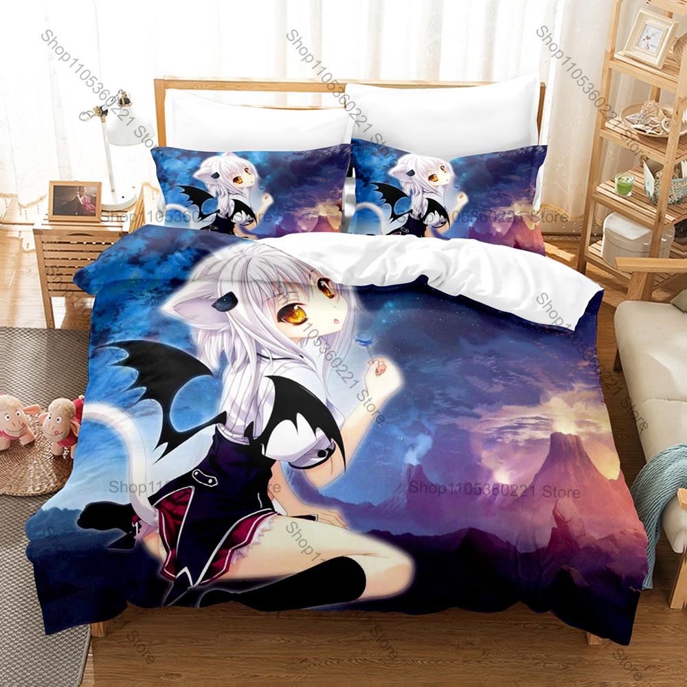 Cool High School DxD Koneko Chan Bedding Set 1 Duvet Cover + 2 Pillowcases Cute White Cat Girl Anime Bedroom Decor