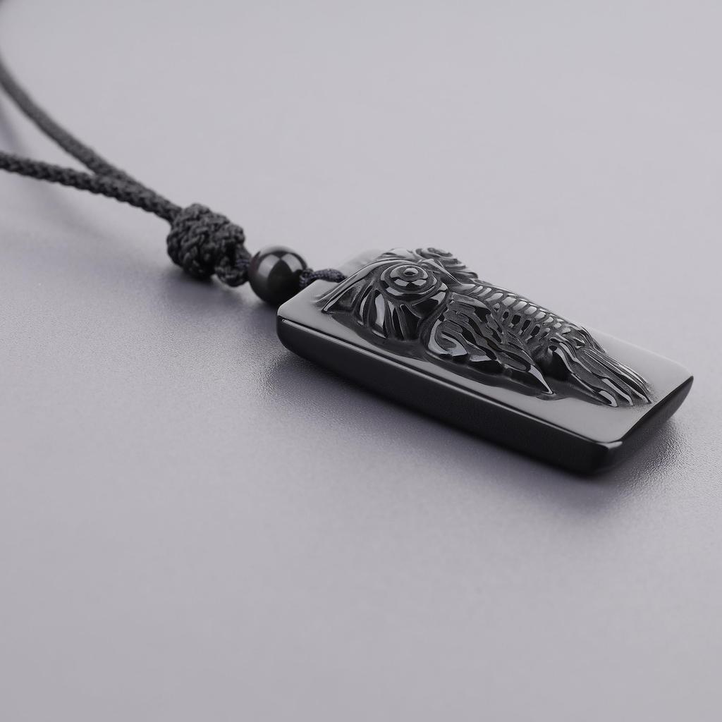Lucky Bird Obsidian Power Stone Plate Necklace for Protection and Good Unisex [KOAI] "Owl" Hand-Carved Luck,