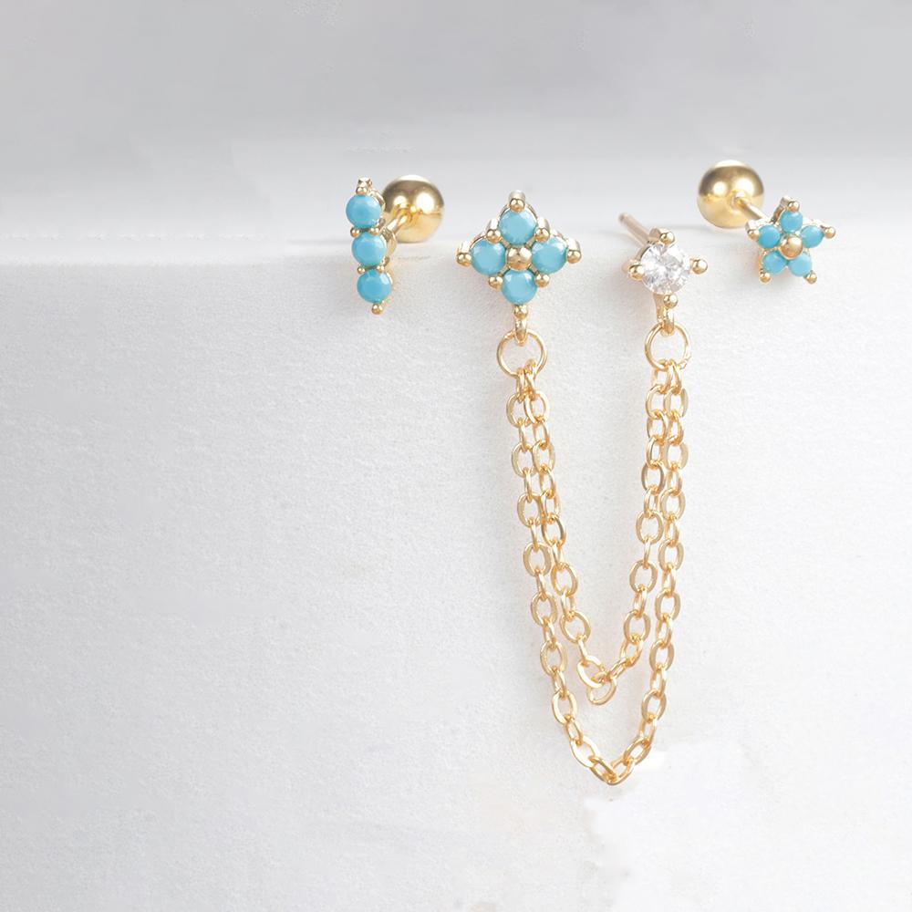 3PCS Vintage Zircon Flower Stud Earring Set For Women Stainless Steel Double Studs Chain Tassel Piercing Earring Fashion Jewelry