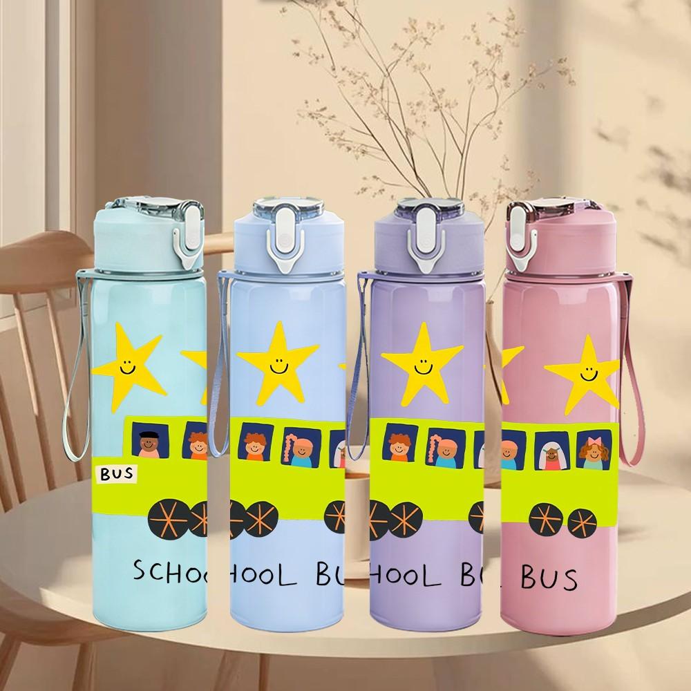 1PC School Bus Star Print 750ml Color Plastic Sports Water Bottle Leakproof Flip Straw Lid Suitable for Sports Office Home Use