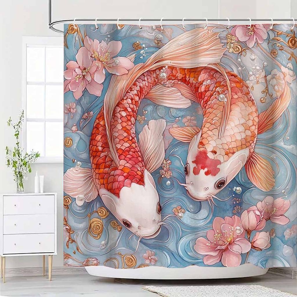 1Pc Decorated With A Koi Flower Pattern Shower Curtain - With 12 Hooks, Machine Washable, Suitable For Bathroom Decor And