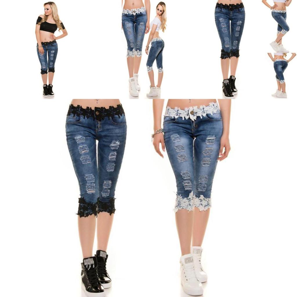 Stylish Women Jeans Lace Elastic Casual Big Size Cowboy Denim Shorts For Daily Wear