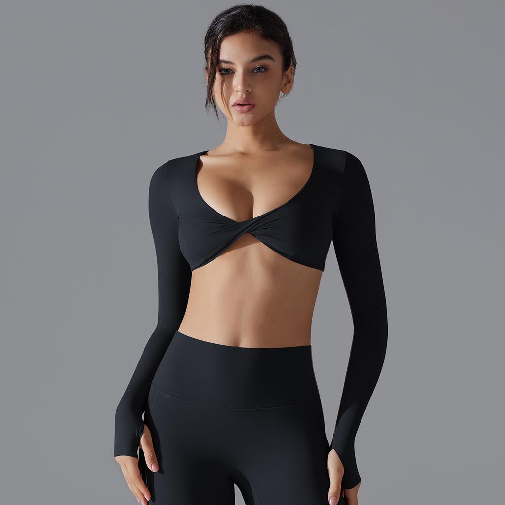 Yoga Clothing Trend Sports Gathering Long Sleeved Solid Color Slim Fit Elastic Fitness Shaping Running Training Top For Women