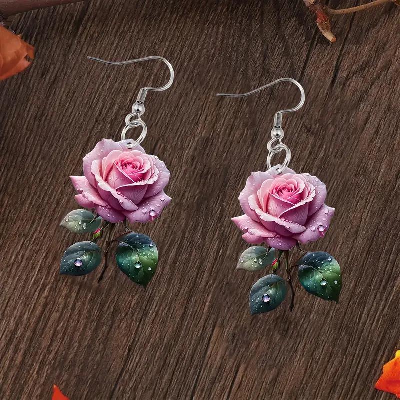 Pink Rose Forest Style Acrylic Earrings - Retro Artistic Gift