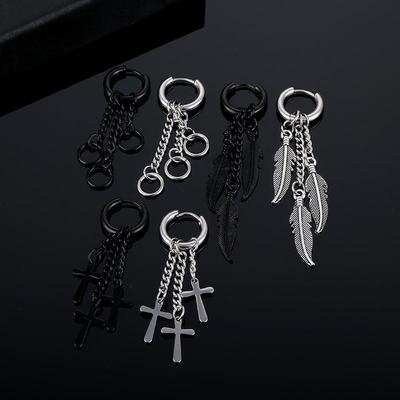 Chain Tassels Anti-allergic Titanium Stainless Steel Cross Circle Hoop Earrings For Women Men Feather Leaf Earring